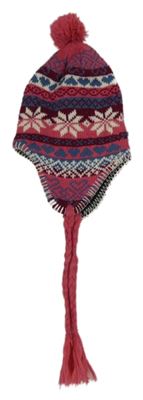 Růžovo-vínovo-modrá vzorovaná čepice s bambulí