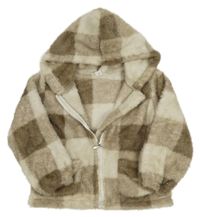 Hnědo-smetanová kostkovaná chlupatá propínací mikina Shein