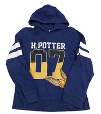 Tmavomodrá mikina s číslem a nápisem - Harry Potter a bílými pruhy a kapucí