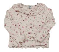 Světlerůžové žebrované triko s kytičkami a volánkem Kiki&Koko