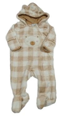 Světlehnědo-bílá kostkovaná chlupatá kombinéza s medvědem a kapucí 