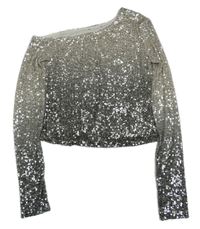 Bílo-stříbrné ombré flitrové crop triko s volným ramenem 