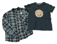 Nové - 2set - Khaki-bílo-černá kostkovaná košile + tričko se smajlíkem Next