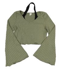 Khaki žebrovaný crop svetr se všitým topem Shein