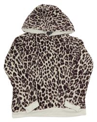 Bílo-lilková vzorovaná chlupatá mikina s kapucí 