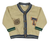 Béžovo-tmavomodrý propínací svetr s nápisem a medvídkem Next