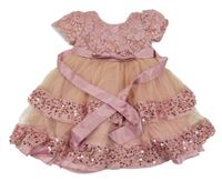 Světlerůžové síťované slavnostní šaty s flitry 