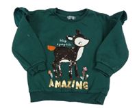 Tmavozelená mikina se srnkou z flitrů a volánky F&F