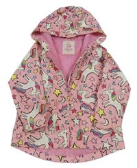 Růžová nepromokavá jarní bunda s jednorožci a kapucí Tu