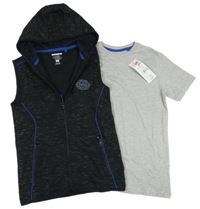 Nové - 2set - Šedé tričko + černá melírovaná tepláková vesta s kapucí F&F
