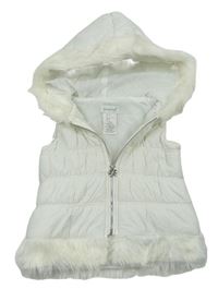 Bílá prošívaná šusťáková zateplená vesta s kapucí s kožešinou savannah
