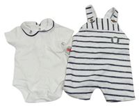 2Set - Bílo-tmavomodré pruhované teplákové laclové kraťasy + bílé body s límečkem s medvídky little nutmeg