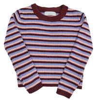 Vínovo-modrofialovo-růžový pruhovaný žebrovaný žinylkový crop svetr PRIMARK