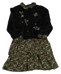 Černo-zlaté šaty s mašlemi a vzorem a volánkem 