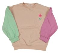 Světlerůžovo/tyrkysovo-růžová mikina s kytičkami a kapsou a nápisy M&S