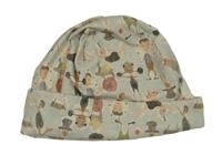 Světlemodrošedo/hnědá melírovaná čepice s cirkusovými zvířátky a lidmi 