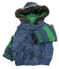 Tmavomodrá prošívaná šusťáková zateplená vesta s pruhovanými pletenými rukávy a kapucí s kožešinou M&S