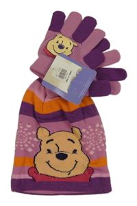 Nové - 2Set - Starorůžovo-tnavofialovo-oranžová čepice s Pú a + prstové rukavice Disney