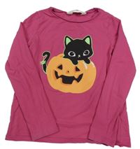 Tmavorůžové triko s kočičkou a dýní H&M