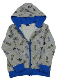 Šedo-cobaltově modrá melírovaná skvrnitá propínací mikina s raketami a kapucí lupilu