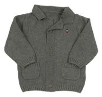 Šedý melírovaný propínací svetr s medvídkem a límečkem Mothercare