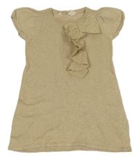 Béžovo-zlaté melírované svetrové šaty s mašlí a volánkem H&M