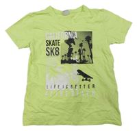 Limetkové tričko s nápisy a skateboardy a palmami Y.F.K.
