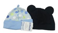 2x Černá čepice s oušky + Blankytně modrá puntíkovaná čepice Jojo Maman Bebé