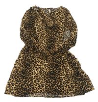 Hnědé lehké šaty s leopardím vzorem a volánem Primark