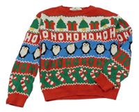 Červeno-béžovo-modrý vzorovaný svetr s dárky a tučňáky H&M