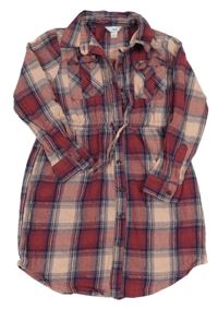 Vínovo-starorůžovo-tmavomodré kostkované třpytivé košilové šaty M&Co.