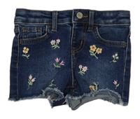 Tmavomodré riflové kraťasy s výšivkami květin