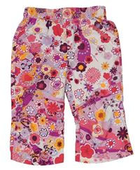 Bílo-růžové květované šusťákové capri kalhoty