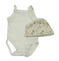 2set - Bílé body + smetanová bavlněná čepice se zvířaty