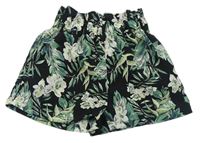 Černo-zelené květované lehké sukňové kraťasy Shein