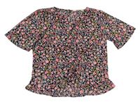 Tmavomodro-růžové šifonové květované crop tričko H&M