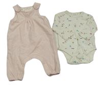 2 set - Bílé body s obrázky + světlerůžové pruhované bavlněné laclové tepláky Next