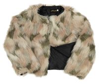 Smetanovo-růžovo-khaki vzorovaný kožešinový podšitý kabátek 