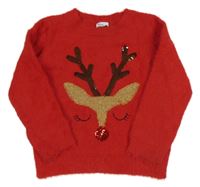 Červený chlupatý svetr se sobem George