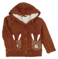Hnědý chlupatý zateplený propínací svetr s králíky a kapucí George