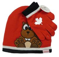 Nové - 2 set - červená čepice s bobrem + prstové pletené rukavice 