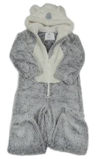 Šedo-bílá melírovaná chlupatá kombinéza s kapucí - medvěd F&F