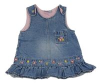 Modré riflové laclové šaty s výšivkami a volánkem 