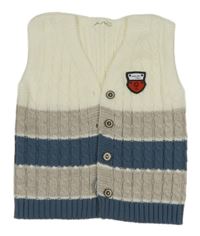 Smetanovo-modro-šedá vzorovaná propínací pletená vesta 