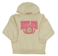 Smetanová mikina s růžovým nápisem a kapucí Tu