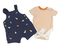 2set - Tmavomodré teplákové laclové kraťasy s diny + oranžovo-bílé pruhované žebrované body George