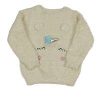 Bílo-zlatý třpytivý chlupatý svetr s čumákem - jednorožec Nutmeg