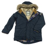 Tmavomodrá šusťáková zimní bunda s kapucí s kožešinou Next