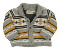 Šedo-bílo-hořčicový vzorovaný propínací podšitý svetr Lupilu