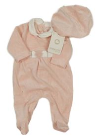 Nové - 2set - Světlerůžovo-bílý sametový overal s mašlí + čepice Mayoral